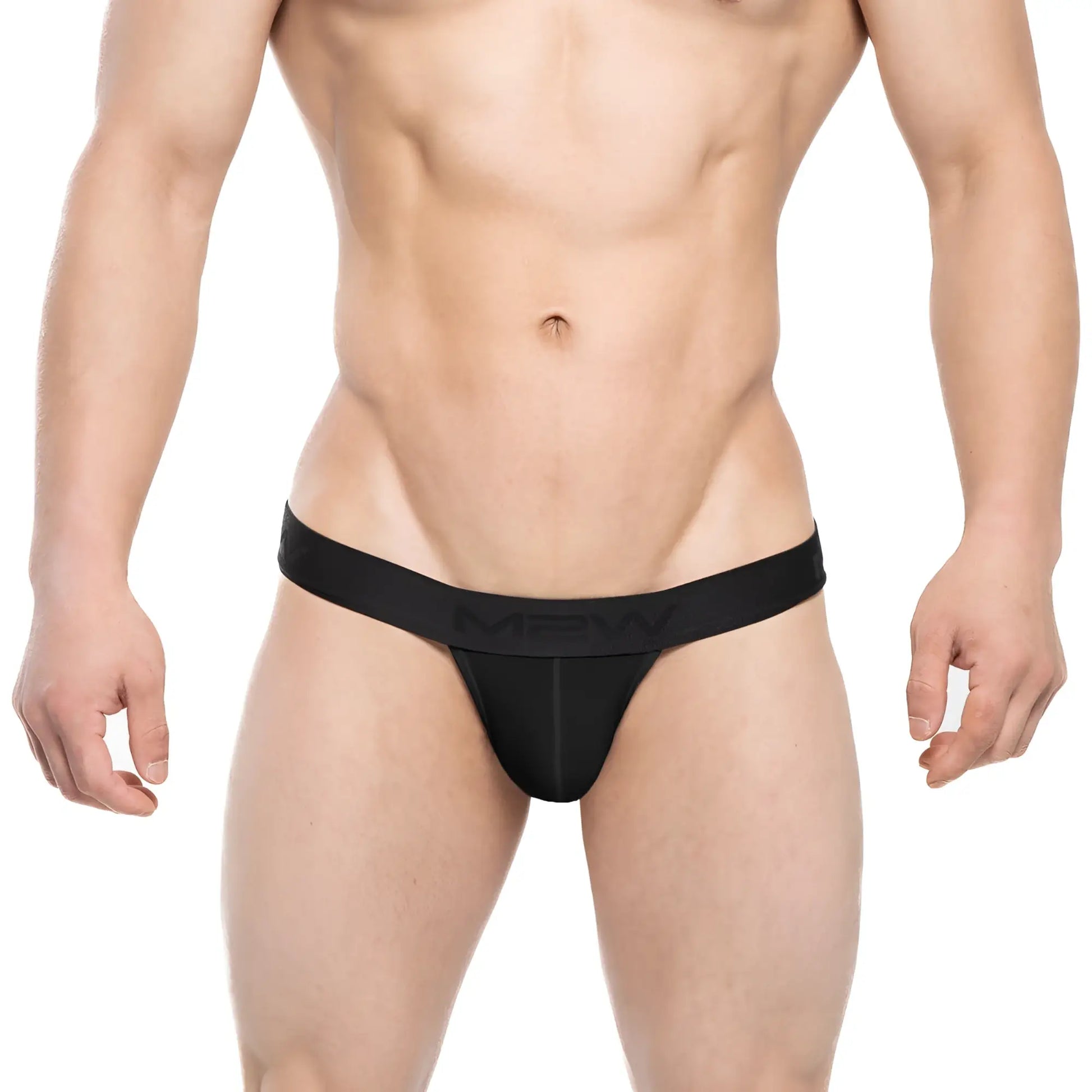 Black men’s thong bikini with narrow waistband featuring subtle men branding metro-malewear ostion black 3005-20