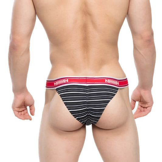 Black and white striped mens briefs with red amin waistband metro malewear ostion bikini stripe 3005-40