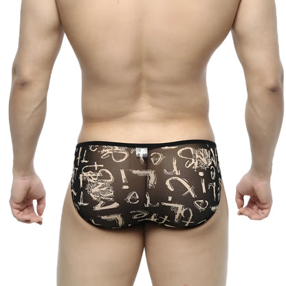 Black sheer mesh MetroMaleWear over-limit bikini briefs with bold white graffiti-style lettering and symbol pattern