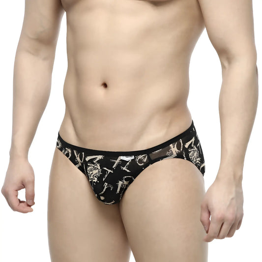MetroMaleWear over-limit bikini black briefs with white graphic pattern and sheer mesh detailing front view