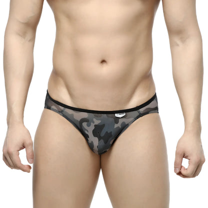 MetroMalewear over-limit bikini gray mesh briefs with black and gray camouflage pattern and solid black waistband