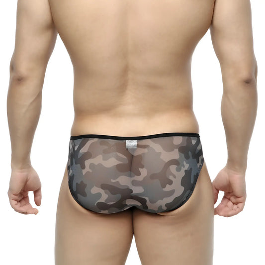 MetroMaleWear Over-Limit bikini gray gray and black camouflage sheer mesh briefs with solid black waistband front view