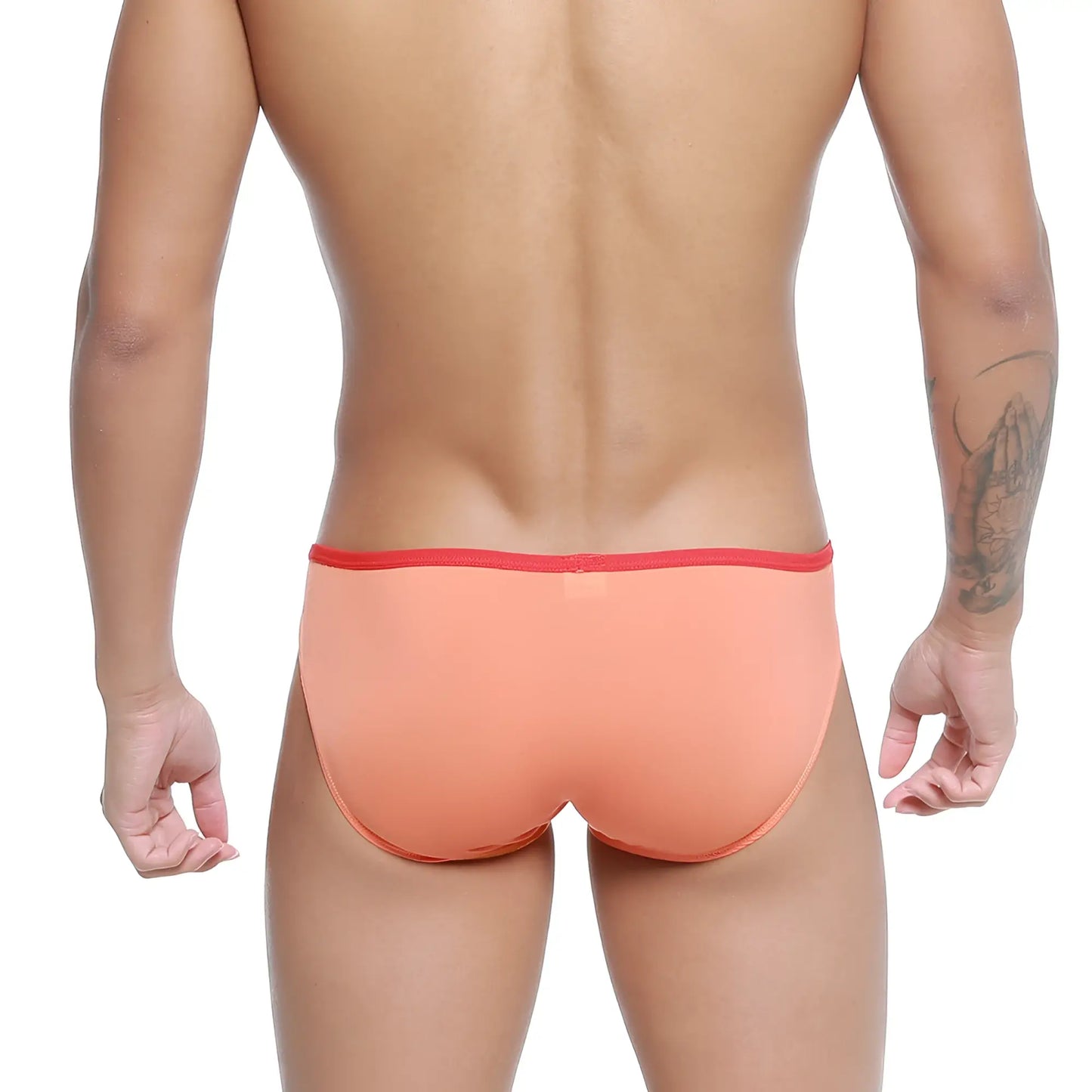 Metro malewear over-limit bikini briefs in coral with a red elastic waistband for comfortable daily wear