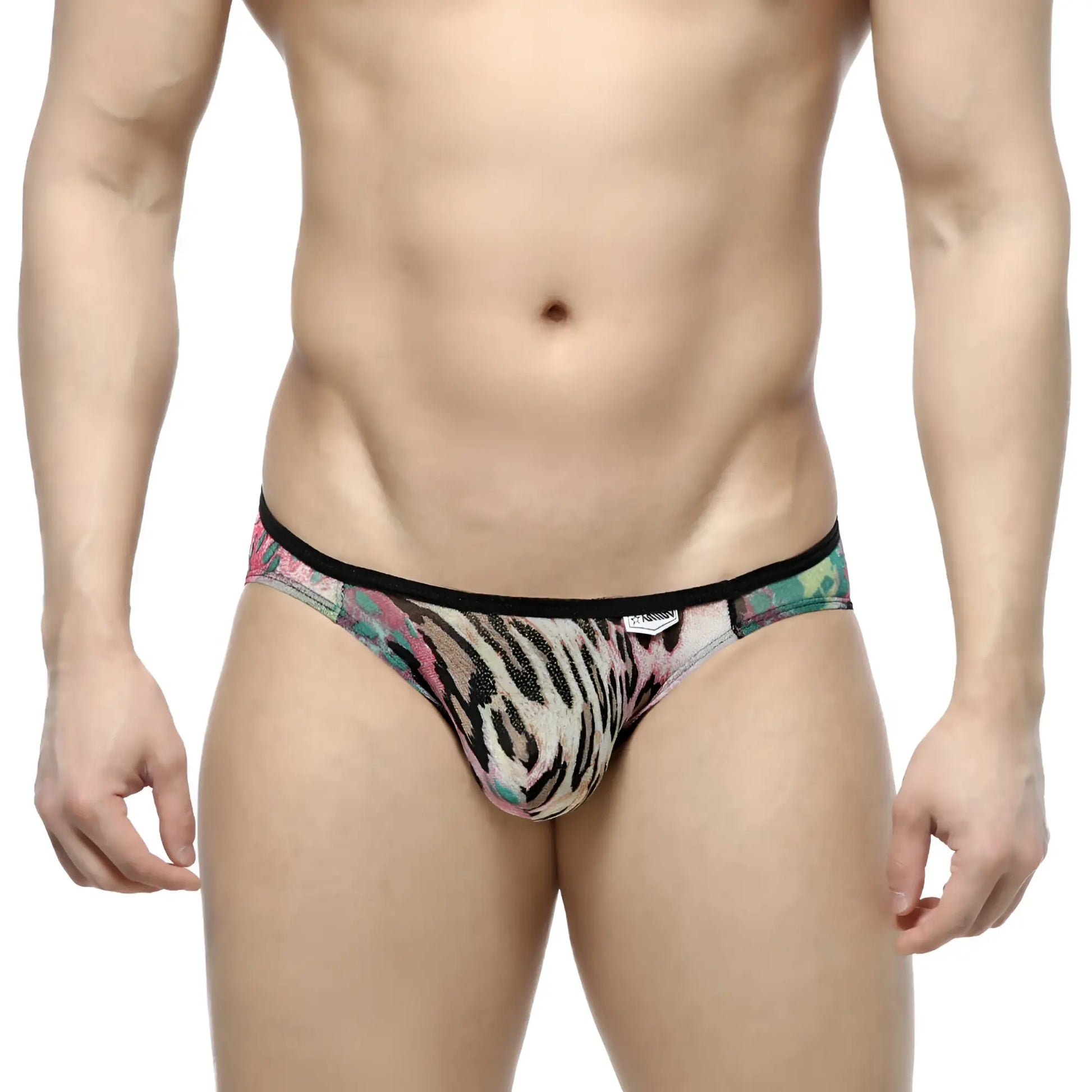Metro male wear over-limit bikini brief with vibrant pink green and black tiger stripe pattern on beige base