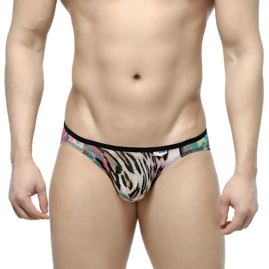Metro male wear over-limit bikini brief with vibrant pink green and black tiger stripe pattern on beige base
