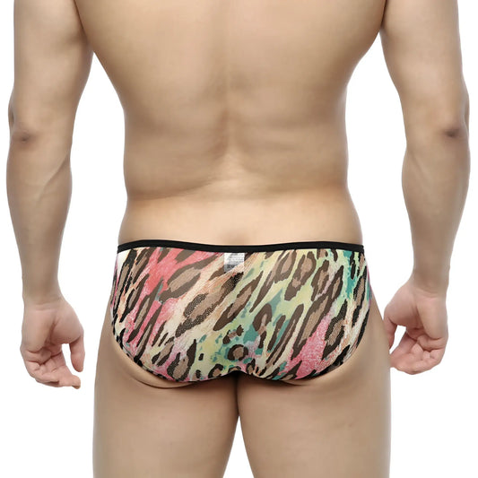 MetroMaleWear Over-Limit bikini orange men’s briefs in multicolored leopard print with black waistband
