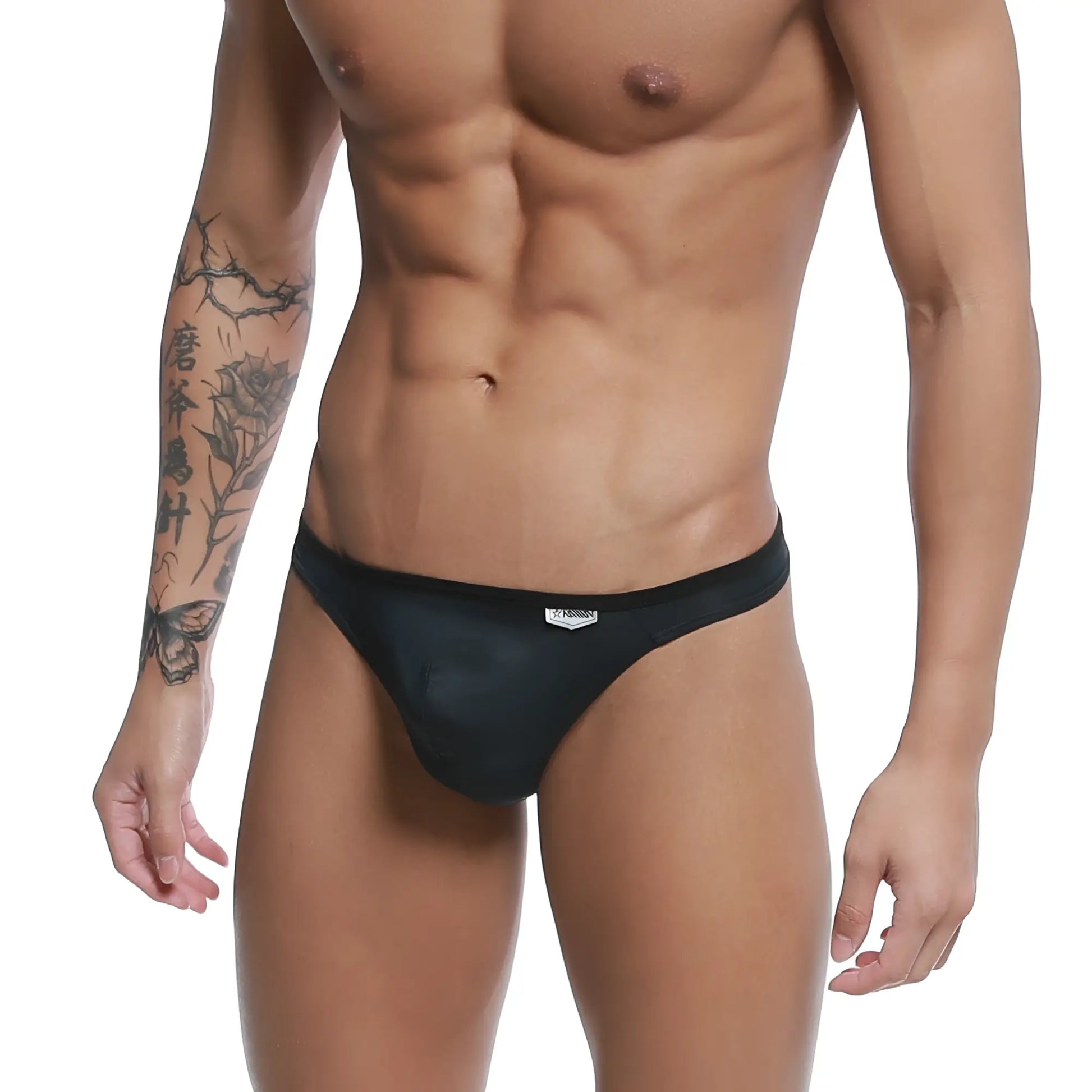 Black mesh briefs with subtle sheen and small white logo on waistband by MetroMaleWear Over-Limit Thong black 2262-20