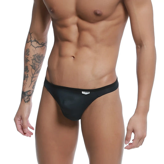 Black mesh briefs with subtle sheen and small white logo on waistband by MetroMaleWear Over-Limit Thong black 2262-20