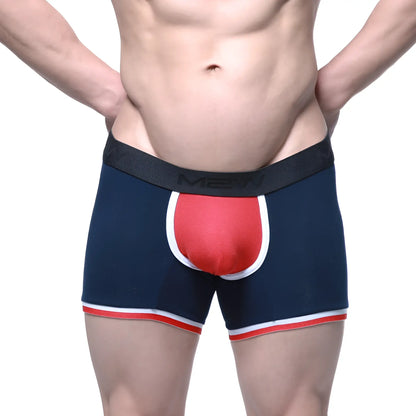 Men navy blue boxer briefs with red and white pouch accent and black waistband logo metro malewear oviedo short boxer
