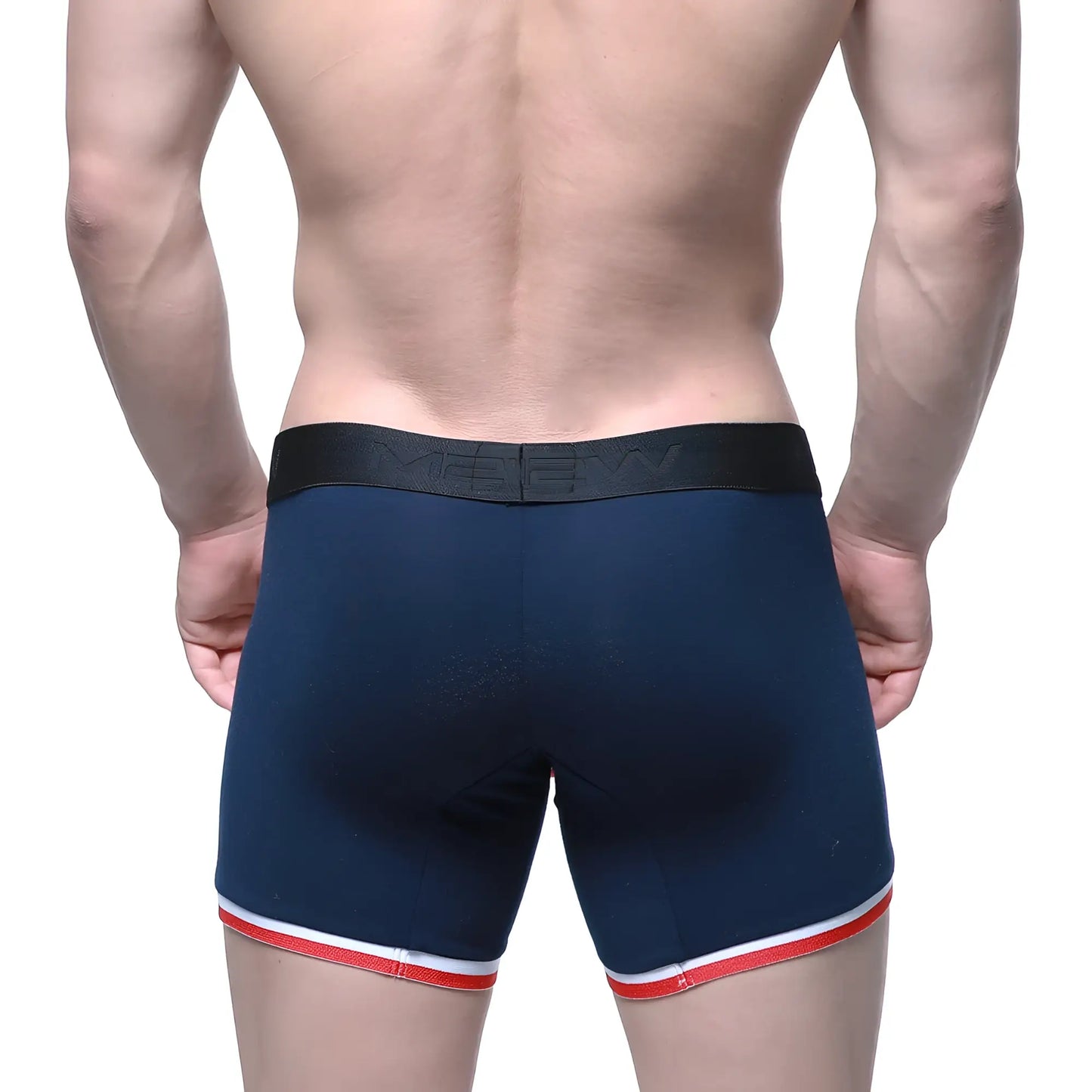 Navy blue MetroMaleWear Oviedo Short Boxer 7 inch boxer briefs with black elastic waistband and red white trim