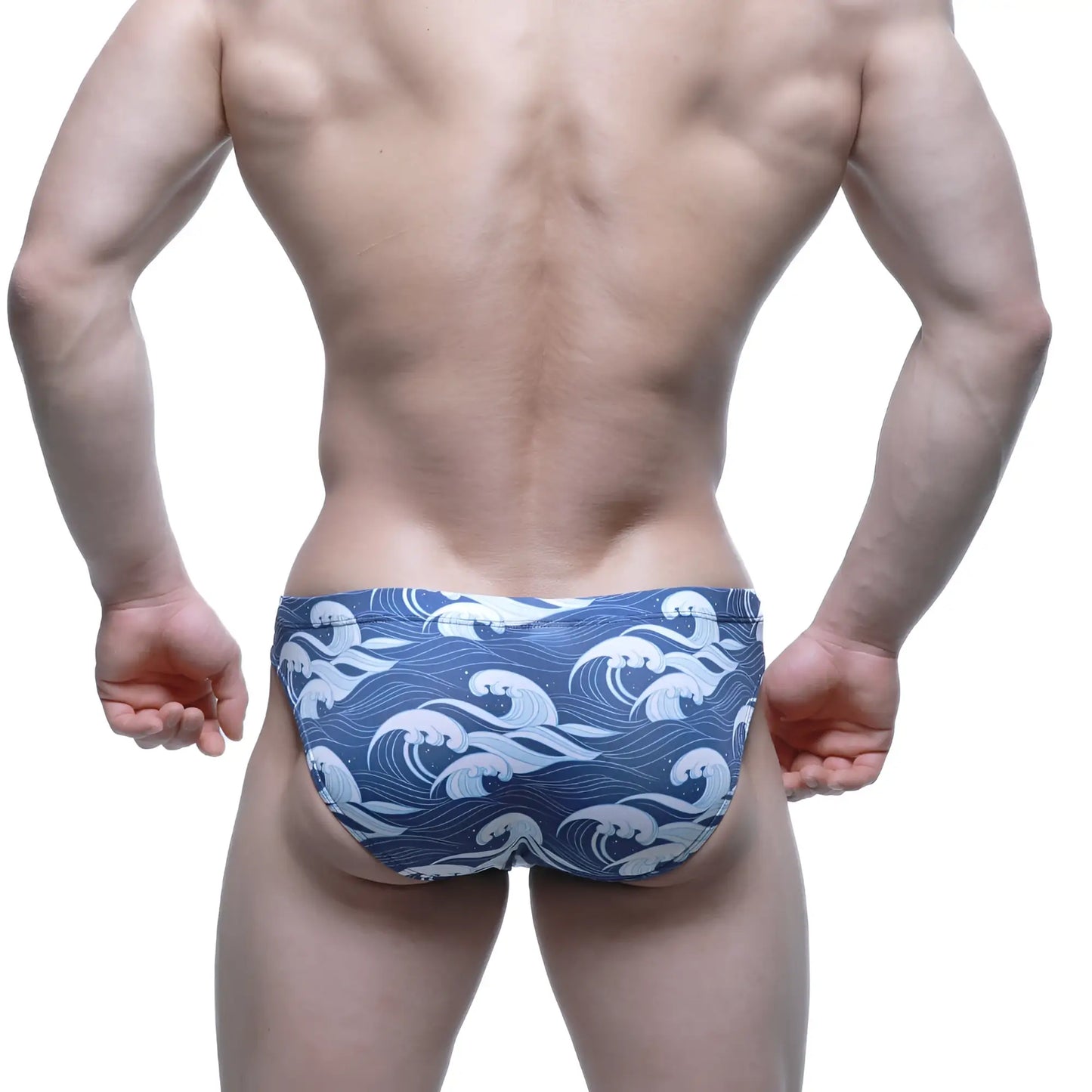 Blue swim trunks with white wave pattern by Metromalewear Pado Bikini 5103-M53 perfect for beachwear
