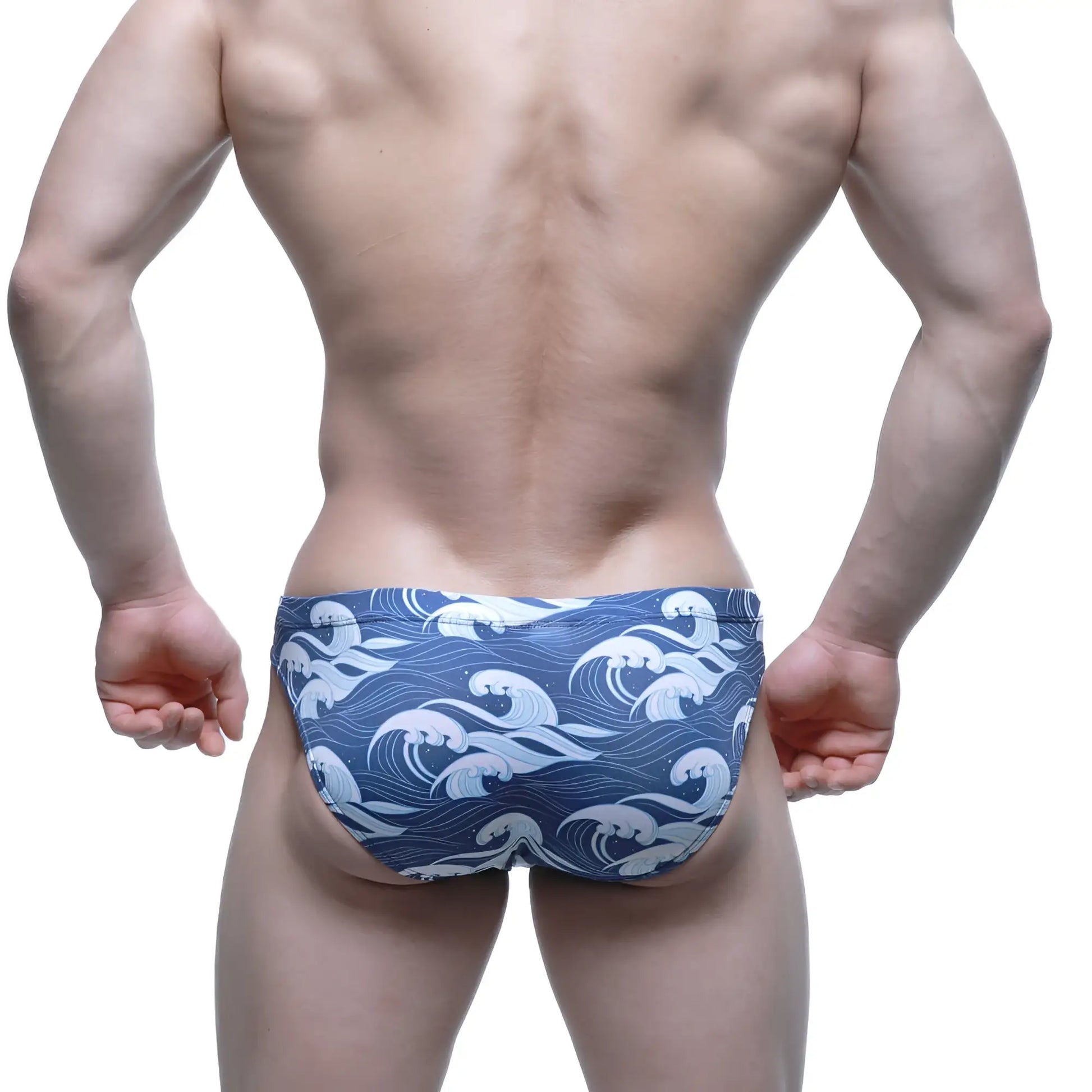Blue swim trunks with white wave pattern by Metromalewear Pado Bikini 5103-M53 perfect for beachwear