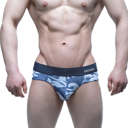 MetroMaleWear Pado brief 5203-59 blue and white wave patterned men’s briefs with dark blue miiuv waistband