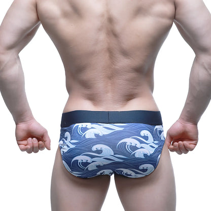 MetroMaleWear Pado brief 5203-59 blue and white wave patterned men’s briefs with dark blue waistband
