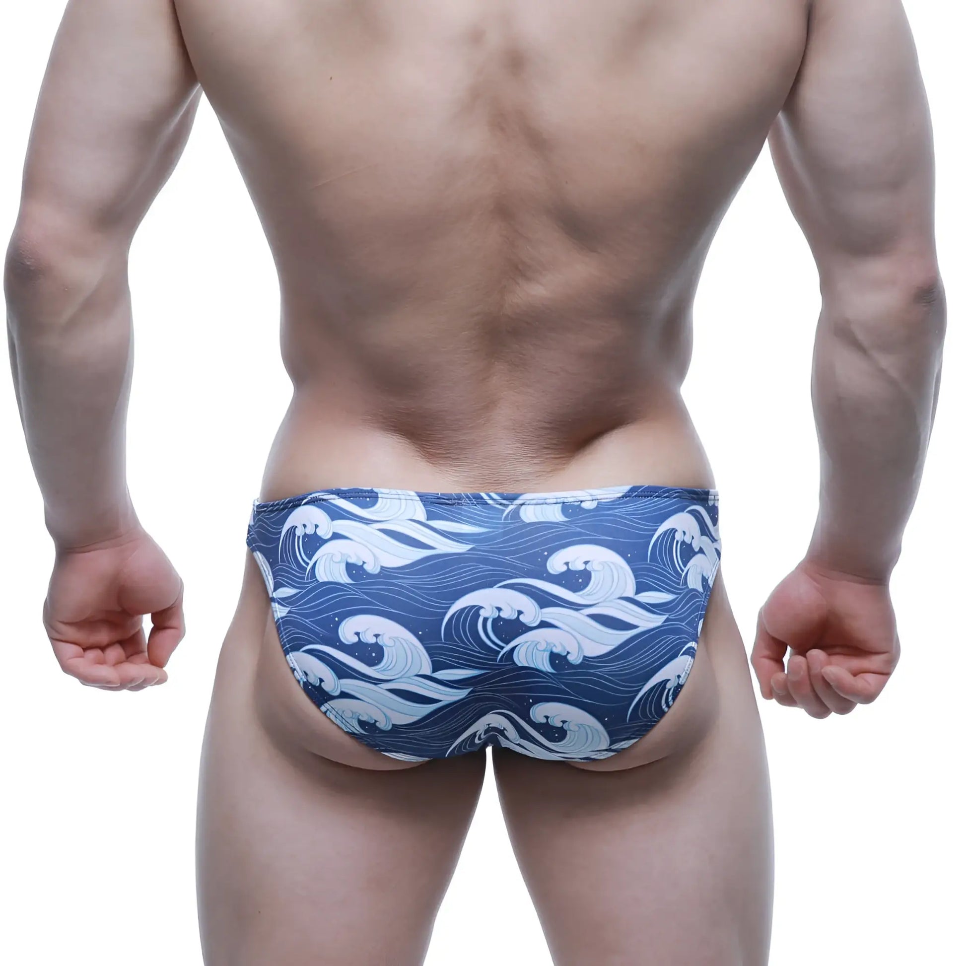 Blue swim trunks metroMalewear pado lowrise bikini 6115-66 featuring a white wave pattern for beachwear