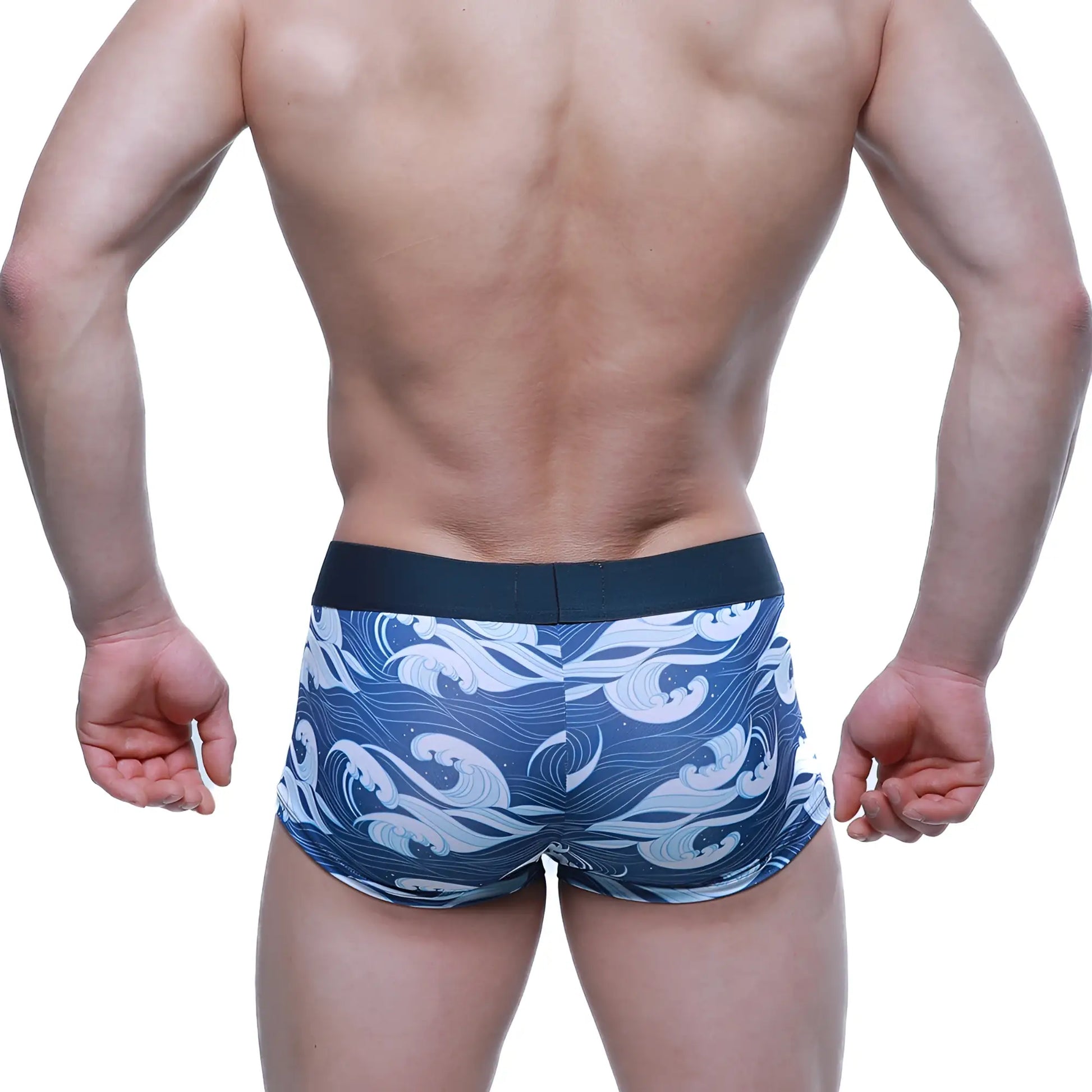 Blue and white wave patterned metroMalewear pado short boxer briefs with black elastic waistband for men