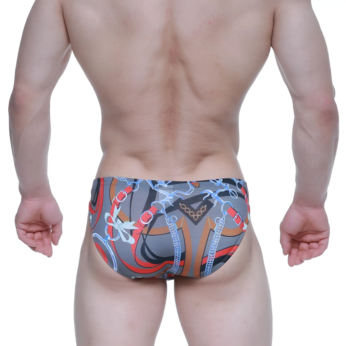 Gray swim trunks by metromalewear padu bikini 5103-m34 with bold red orange blue chain pattern and decorative bows