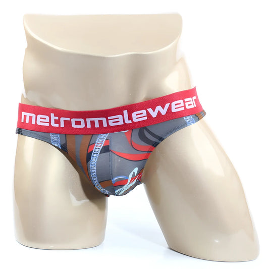 Gray and red patterned men’s briefs with bold metromalewear logo on elastic waistband metroMaleWear Padu Brief 2803-33