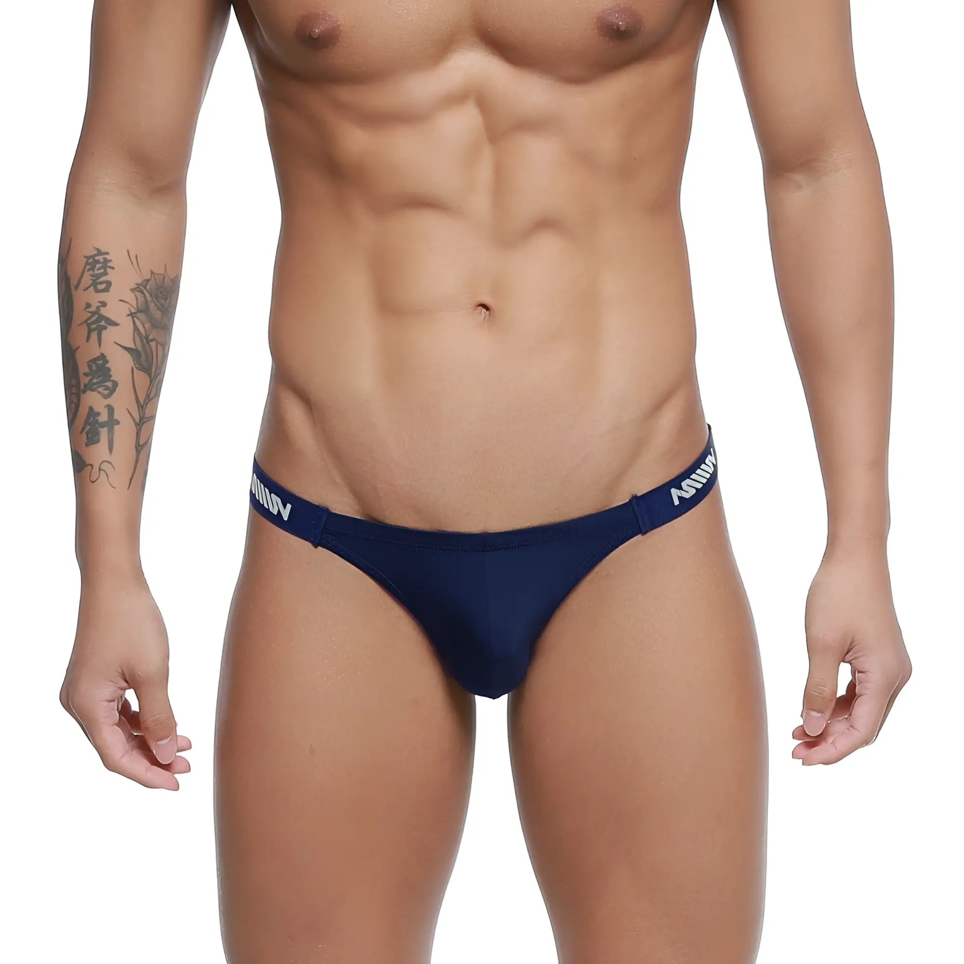 Navy blue MetroMaleWear Paleta bikini briefs with white branded waistband ideal for comfortable daily wear