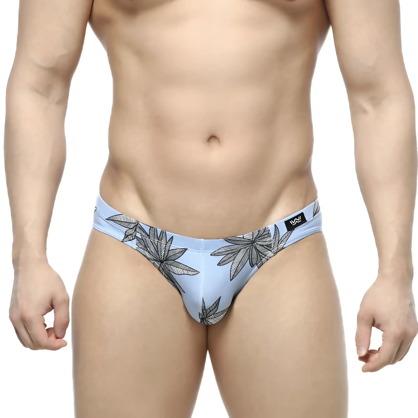 Light blue MetroMaleWear Palma Bikini 5103-49 briefs with black leaf pattern and logo on the waistband