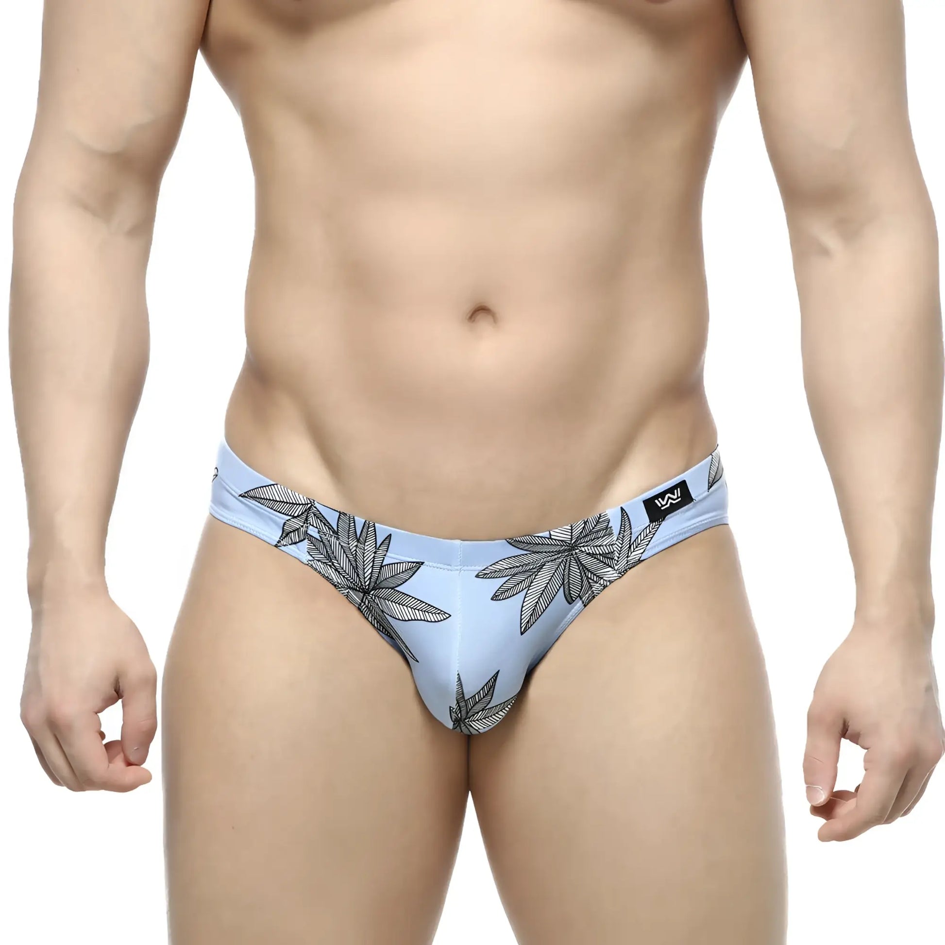 Light blue MetroMaleWear Palma Bikini 5103-49 briefs with black leaf pattern and logo on the waistband