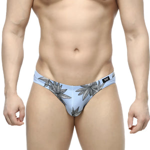Light blue MetroMaleWear Palma Bikini 5103-49 briefs with black leaf pattern and logo on the waistband