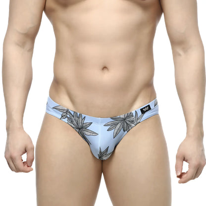 Light blue MetroMaleWear Palma Bikini 5103-49 briefs with black leaf pattern and logo on the waistband