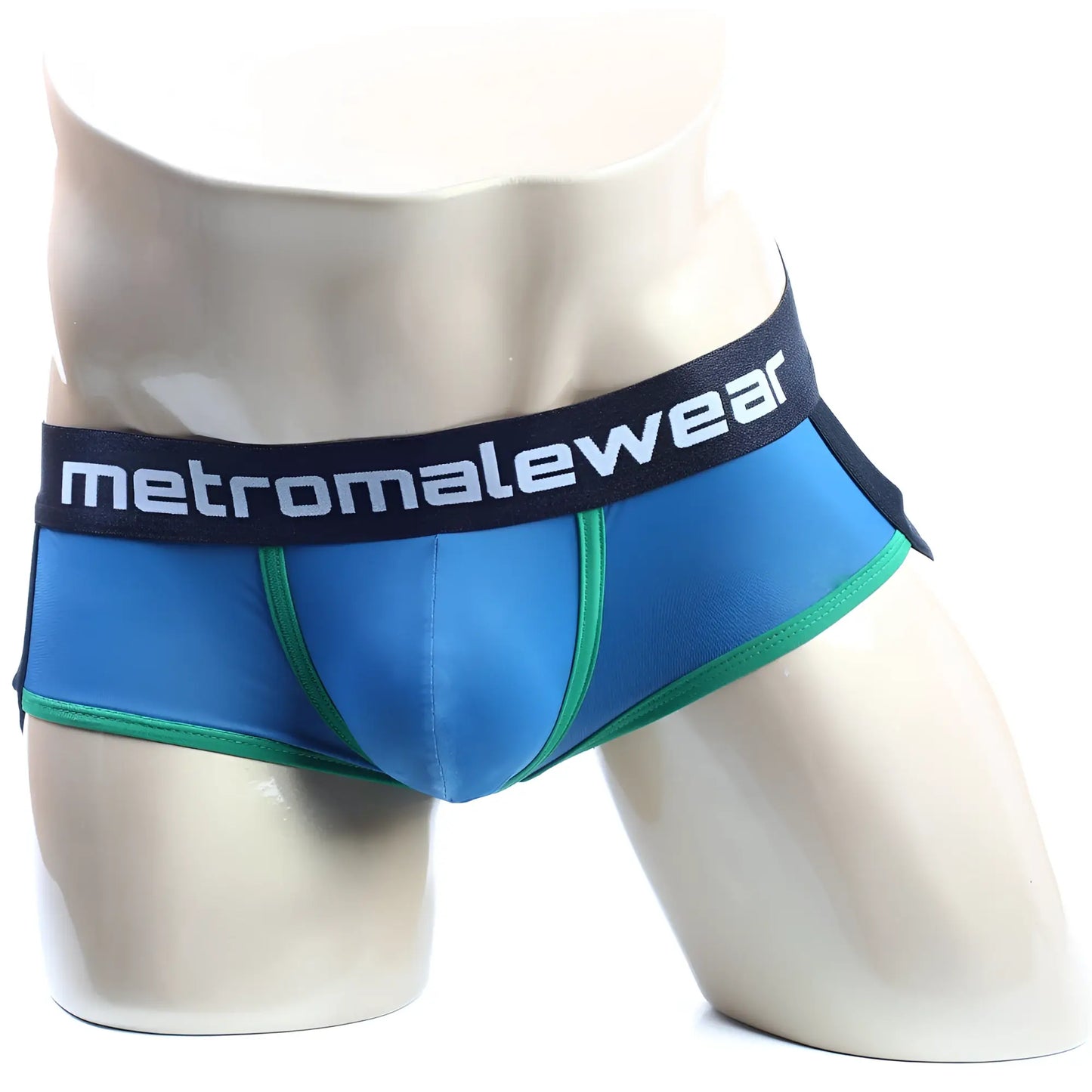 Blue and green metroMalewear palma boxer jock briefs with black waistband logo for comfortable daily wear
