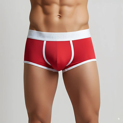 Red men’s briefs with white trim and branded waistband from metromalewear palma boxer jock red 1413-12