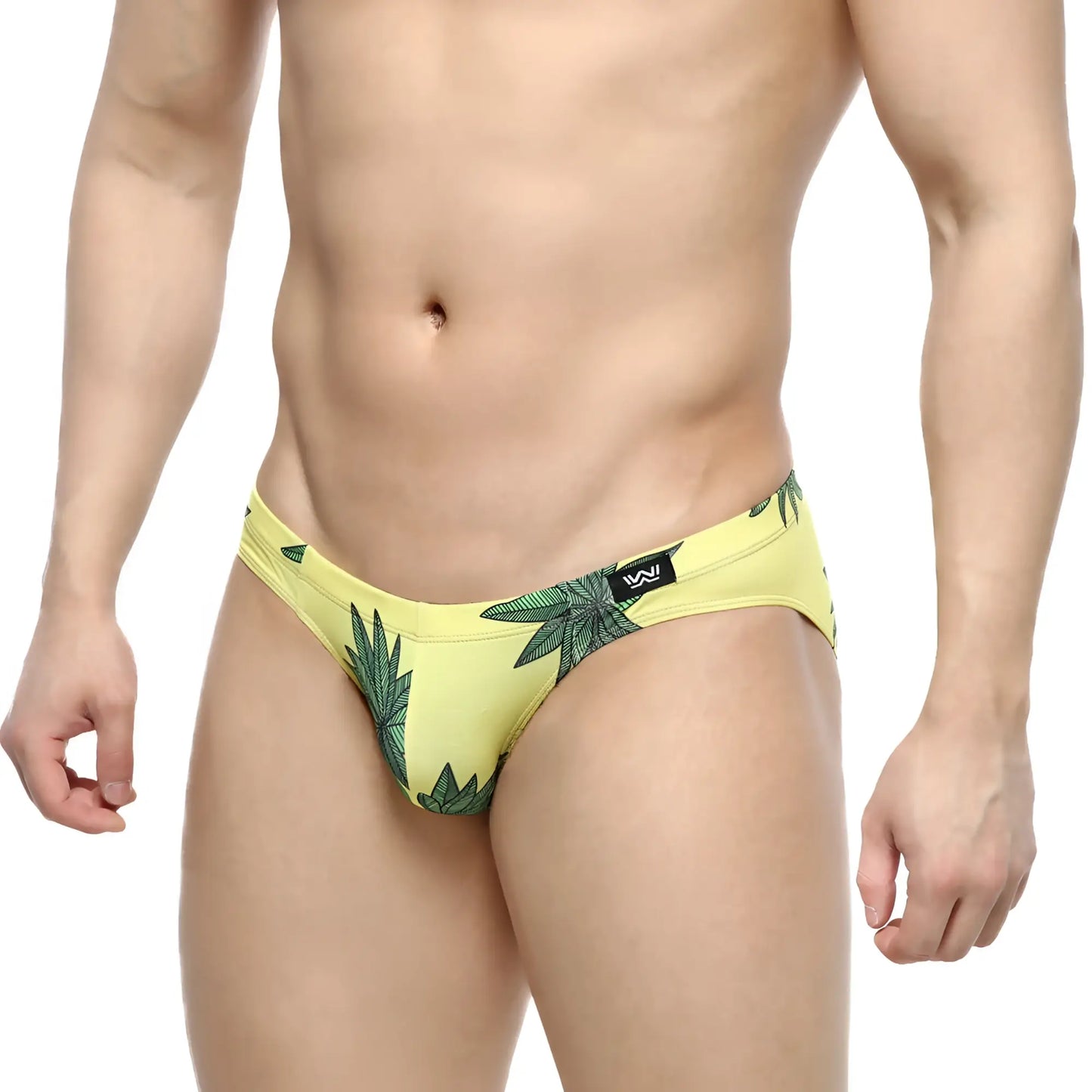 Yellow swim trunks metro male wear palmera bikini 5103-37 with green leaf pattern and black logo waistband