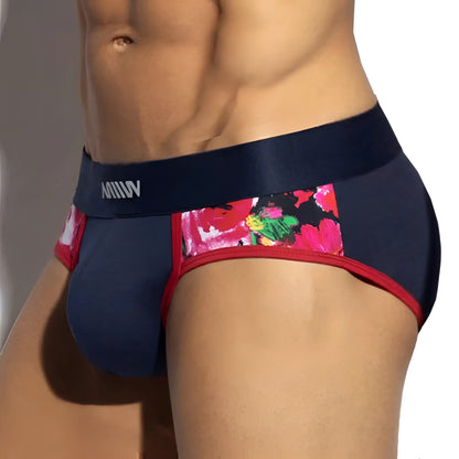 MetroMaleWear panel bikini navy briefs with vibrant floral side pattern red trim and satin waistband