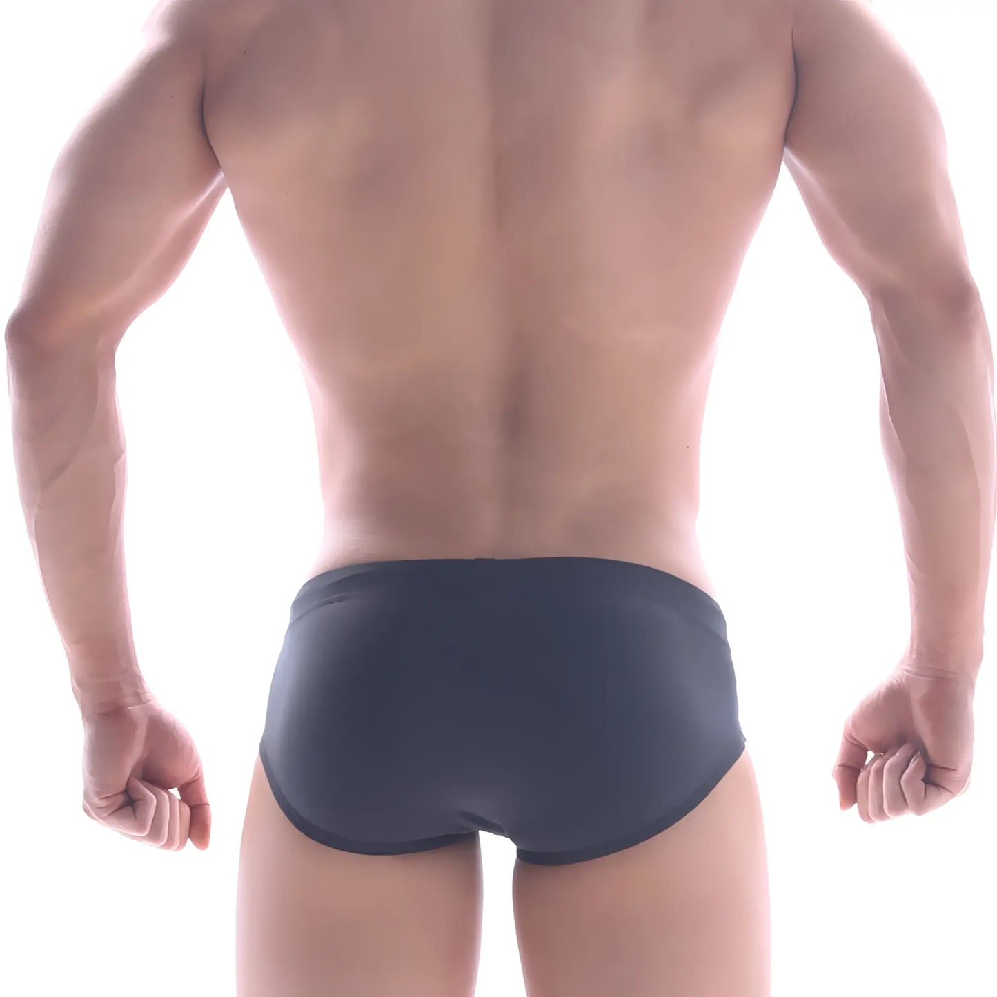 Dark gray form-fitting MetroMaleWear panel swim brief made of smooth stretchy fabric for comfortable swimwear use