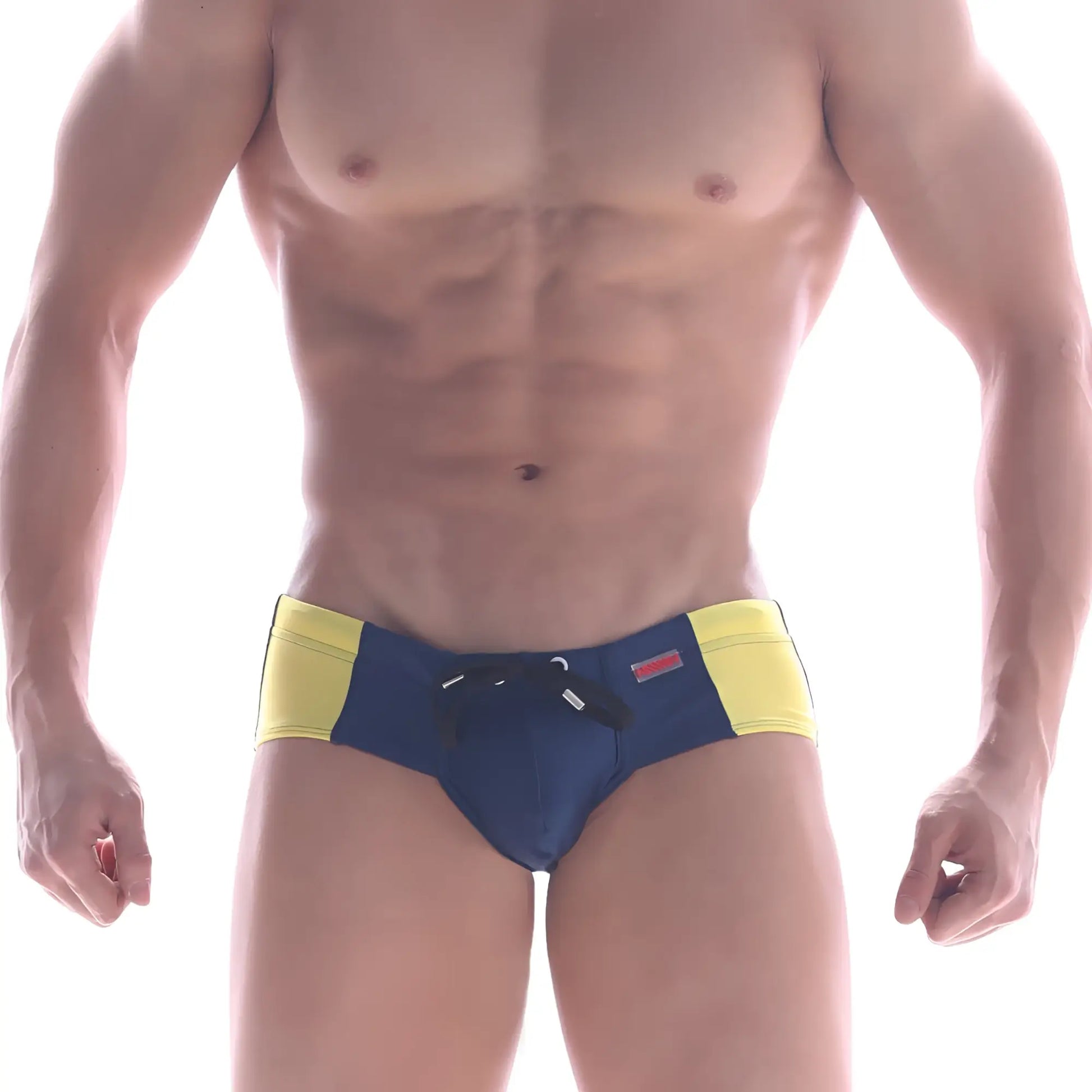 Blue and yellow MetroMaleWear panel swim brief with black drawstring waistband designed for comfortable swimming