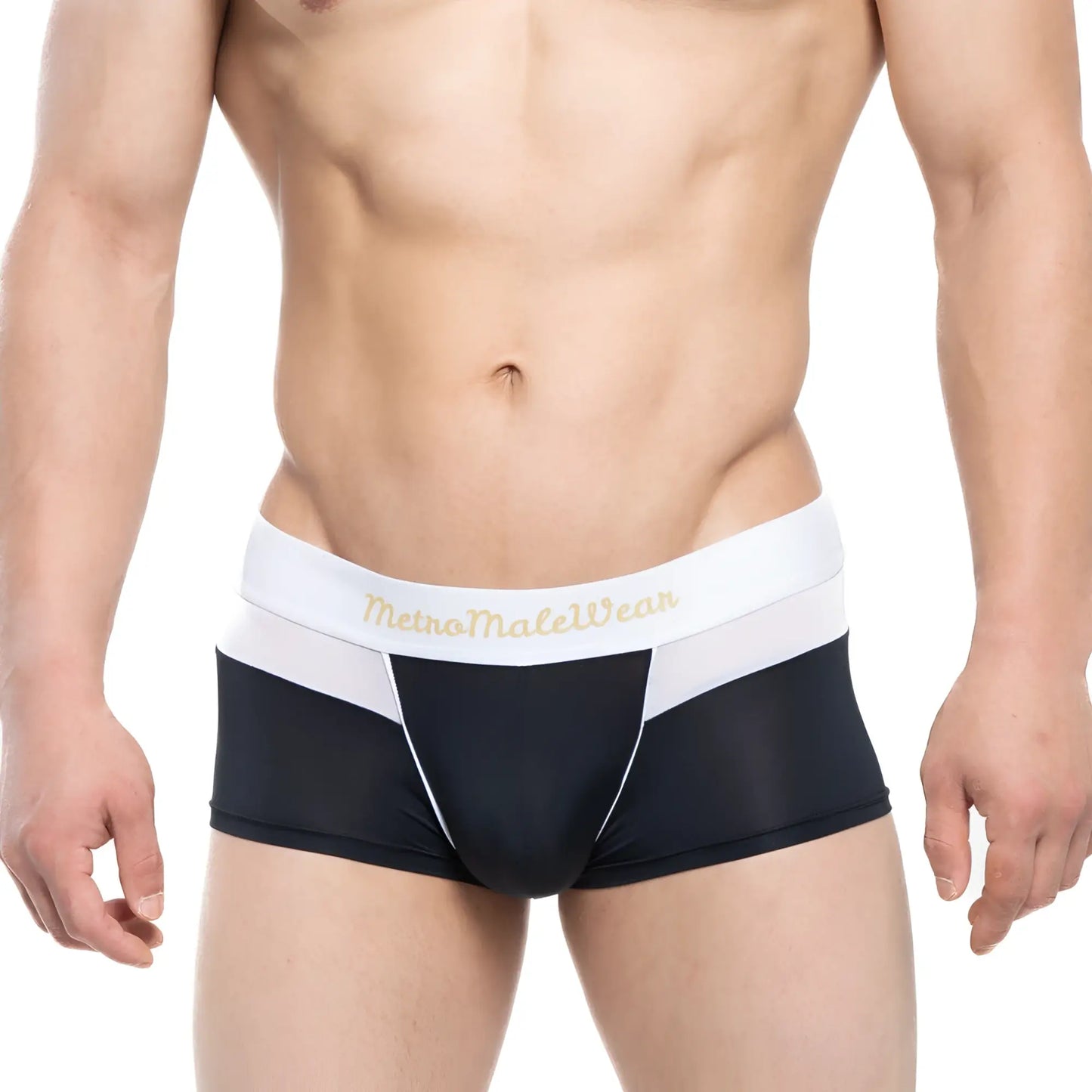 MetroMaleWear Parisienne short boxer black and white athletic briefs with gold logo on waistband in front view