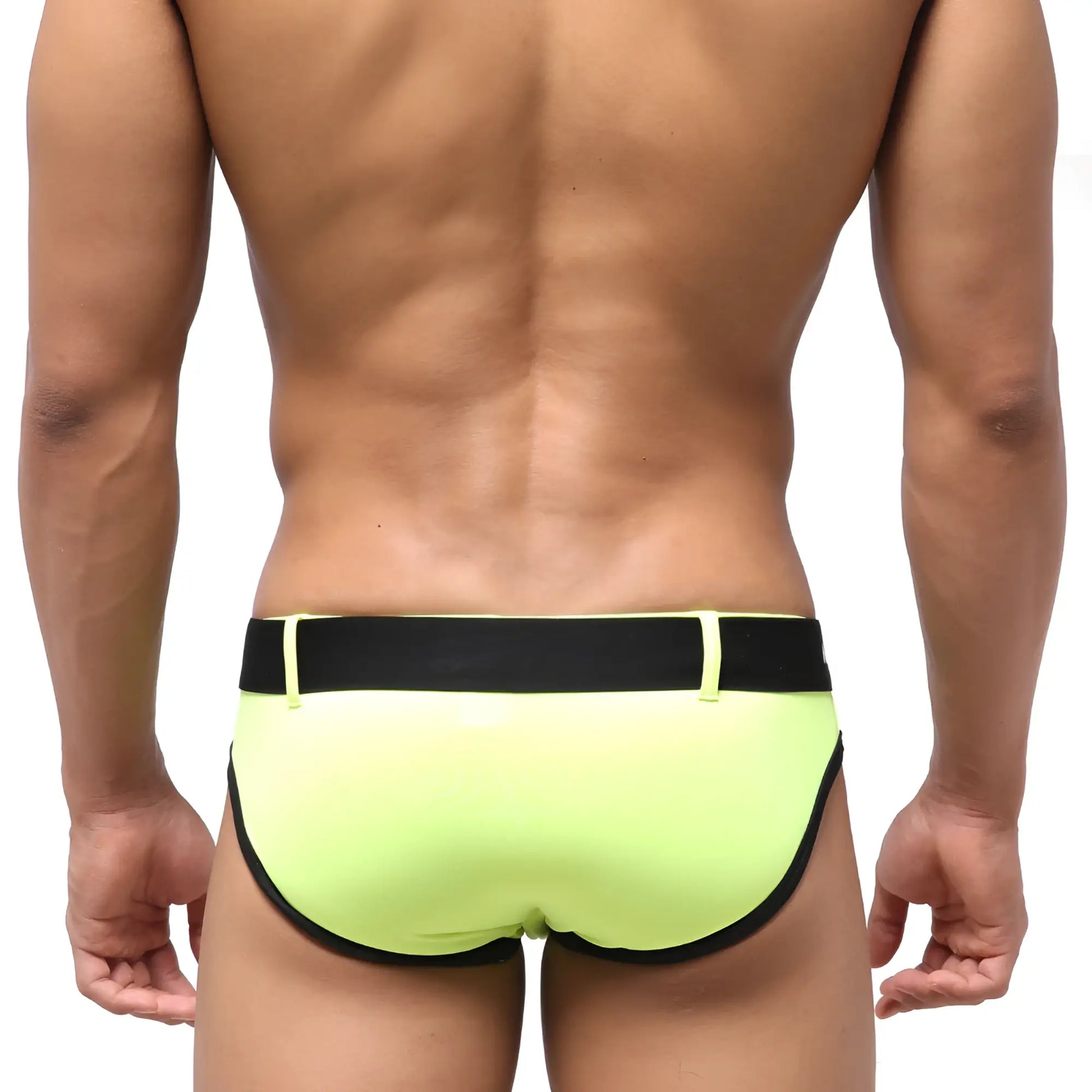 MetroMaleWear Patagonia neon yellow swim brief with neon green fabric and black elastic waistband and trim
