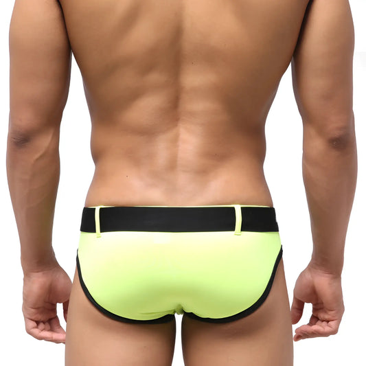 MetroMaleWear Patagonia neon yellow swim brief with neon green fabric and black elastic waistband and trim