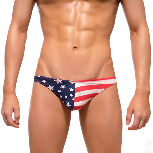 MetroMaleWear patriot thong 2302-94 men’s swim trunks with red white and blue star and stripe design front side