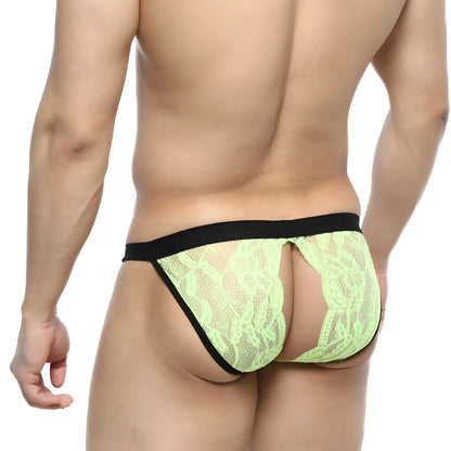 Lime green lace thong with black elastic waistband front view from metrmalewear peek-a-boo bikini green 1204-07