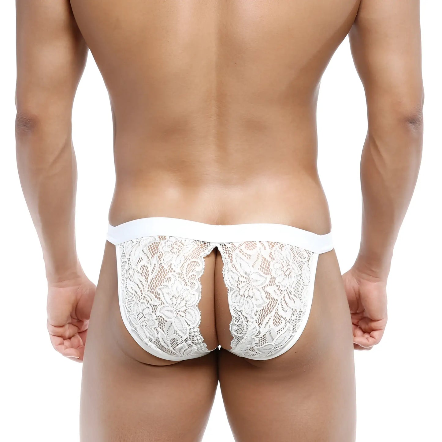 White lace thong with floral pattern and solid white waistband metroMalewear peek-a-boo bikini ivory 1204-00