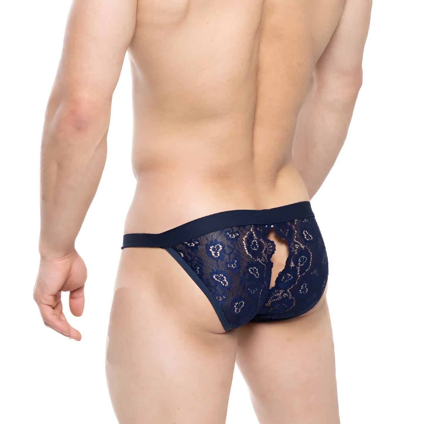 Navy blue lace thong with intricate paisley pattern and central cutout detail by metromalewear peek-a-boo bikini 1204-28