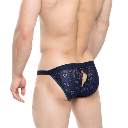 Navy blue lace thong with intricate paisley pattern and central cutout detail by metromalewear peek-a-boo bikini 1204-28