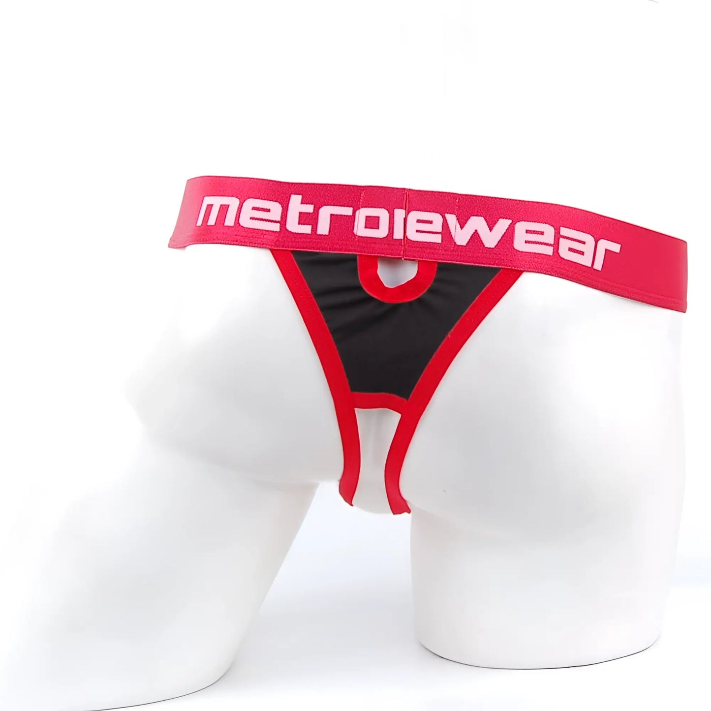 Red and black metroiewear briefs with a bold red waistband and white lettering from metrmalewear peek-a-boo thong black 2232-20