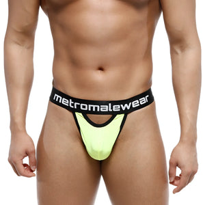 Bright neon yellow metro malewear peek-a-boo thong with black waistband and white logo on the front side