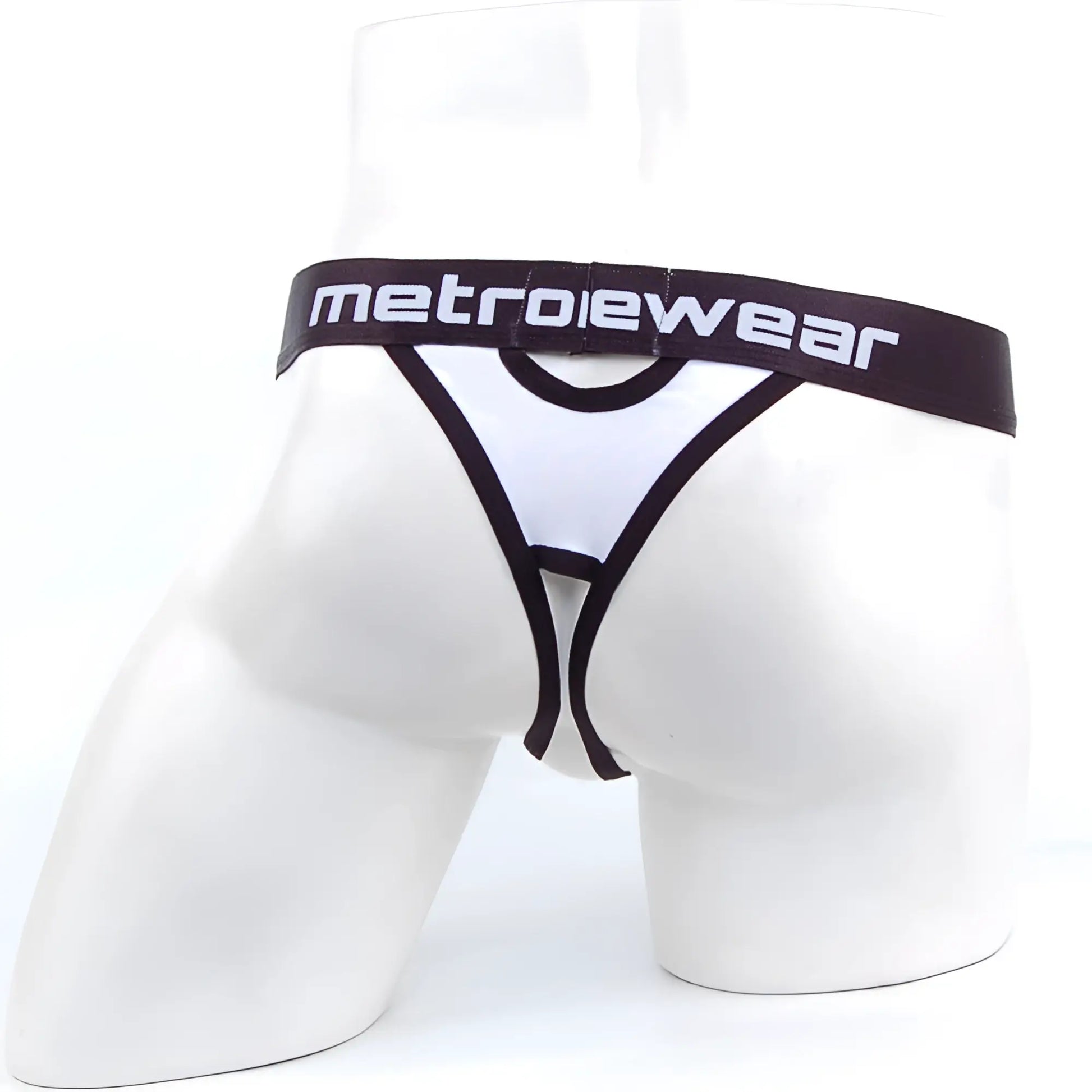 White and black metrowear peek-a-boo thong with bold contrasting design and mesh fabric for stylish male wear
