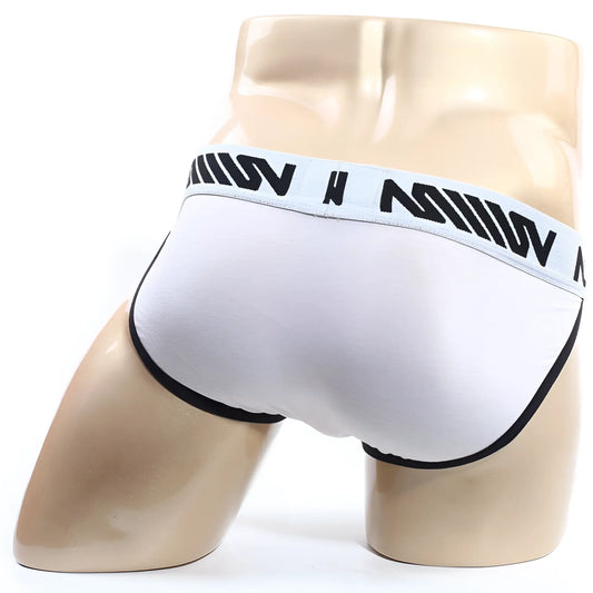 White mens briefs with black trim and branded waistband metroMaleWear Perfect Scene Bikini white 1004-00 front view