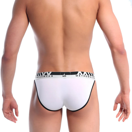 White metroMaleWear perfect scene bikini briefs with black trim and branded waistband for comfortable wear
