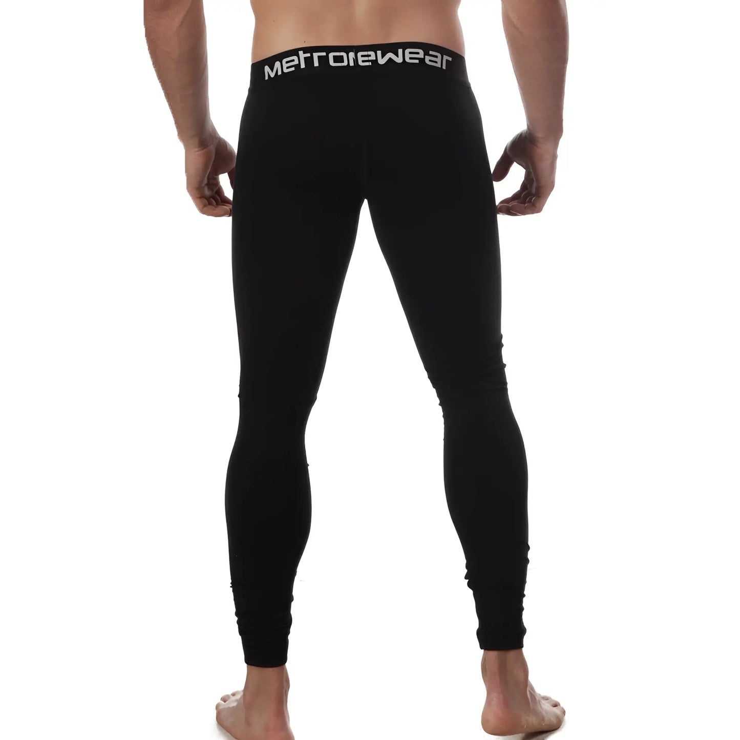 Black metrowear cotton leggings with snug fit and white logo waistband from metro malewear perfect scene line