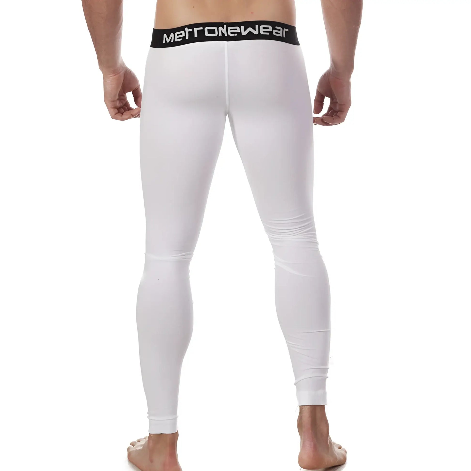 White metronewear cotton leggings with a black waistband featuring the brand name in white lettering metroMalewear 3052-00