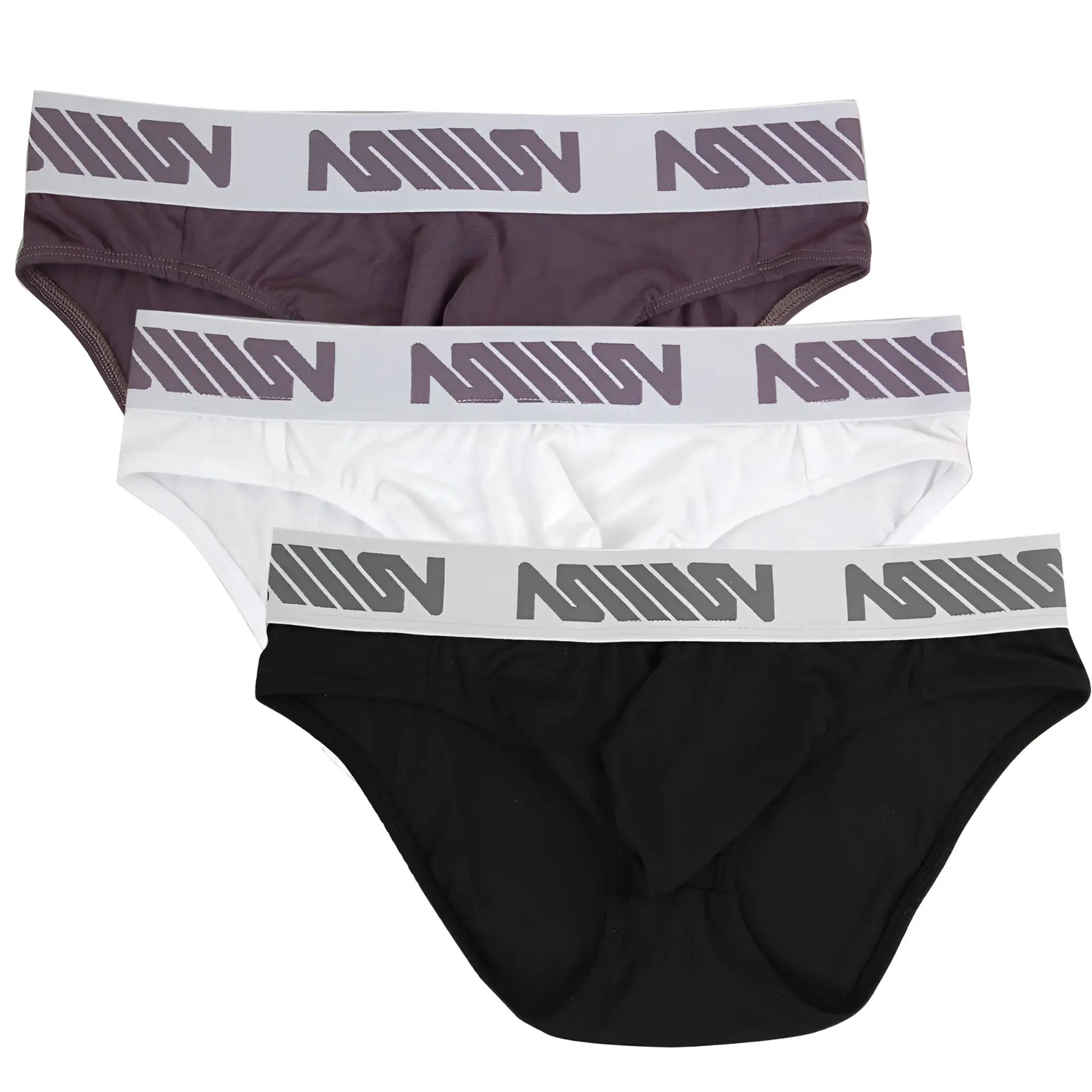 Set of three mens briefs in black white and dark gray with matching elastic waistbands featuring metro-malewear logos