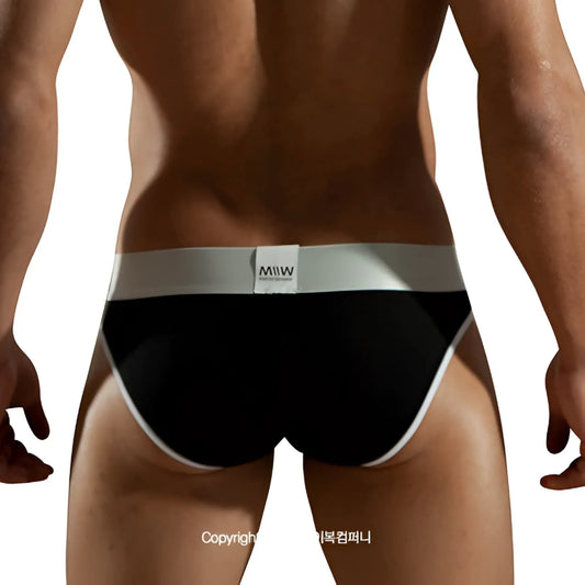 Black briefs with white waistband and trim featuring miw logo metroMalewear perfect scene hip brief black 1003-20